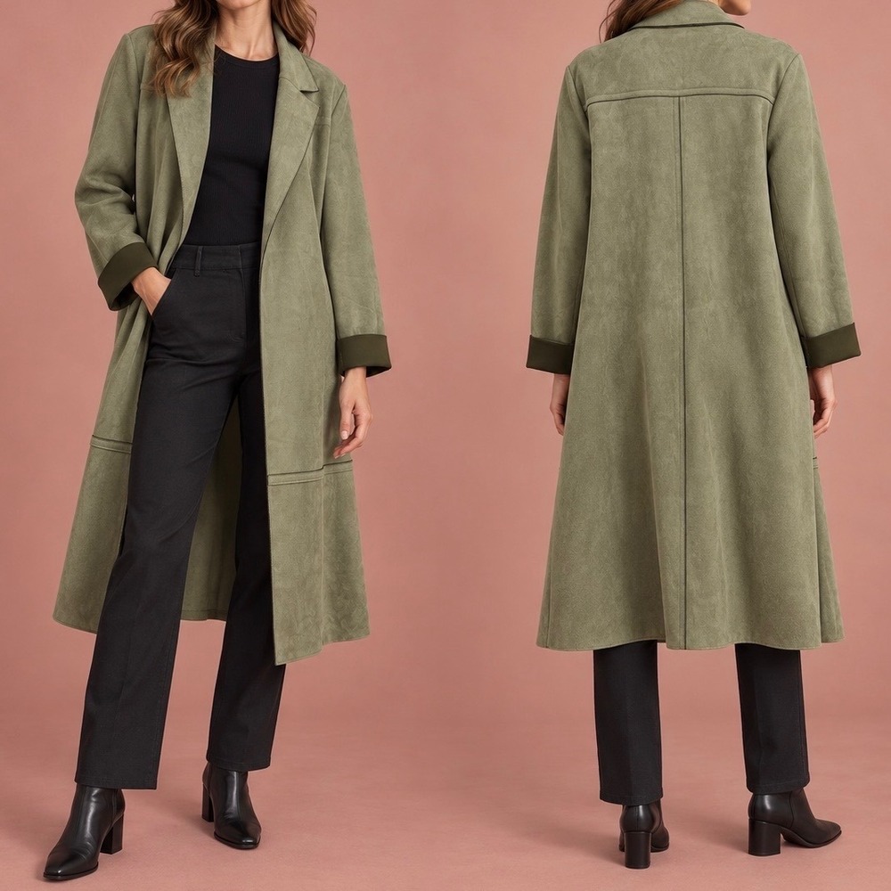 Zara Size Large Faux Suede Duster Coat Olive Green Open Front Longline Womens